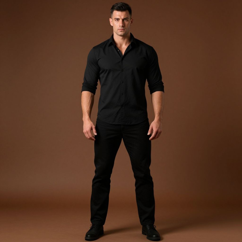 Confident Man in Black Shirt and Pants Against Brown Background