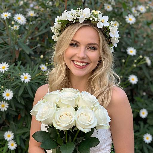 Blonde Woman with White Floral Crown Holding White Roses Outdoors