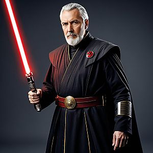 Older Man in Sith Lord Costume Holding Red Lightsaber Sci-Fi Portrait