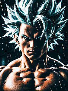 Super Saiyan Man with Glowing Blue Hair in Intense Anime Style