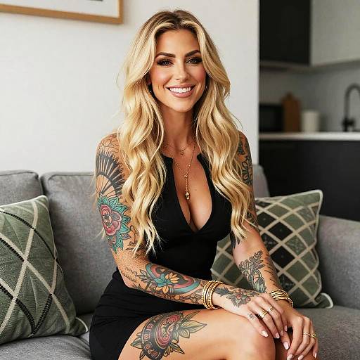 Blonde Woman with Colorful Tattoos Sitting on Grey Couch in Black Dress