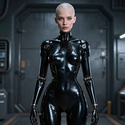 Futuristic Female Humanoid Robot in Black Exoskeleton