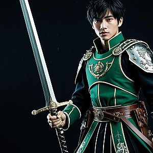 Young Man in Ornate Medieval Armor with Sword