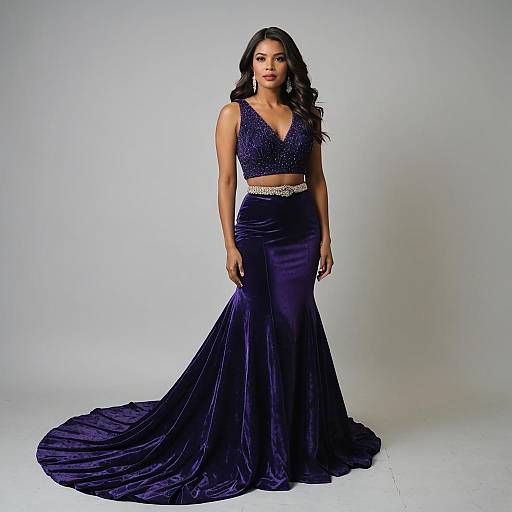 Elegant Royal Purple Velvet Evening Gown with Beaded Crop Top and Train