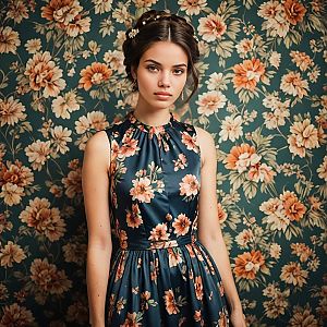 Elegant Woman in Floral Dress Against Vintage Wallpaper