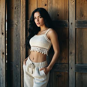 Young Woman in White Crocheted Crop Top and Beige Pants by Wooden Wall