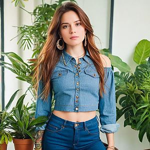 Confident Young Woman in Denim Crop Top Surrounded by Green Plants