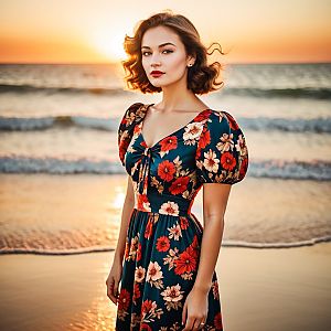 Woman in Floral Dress on Beach at Sunset