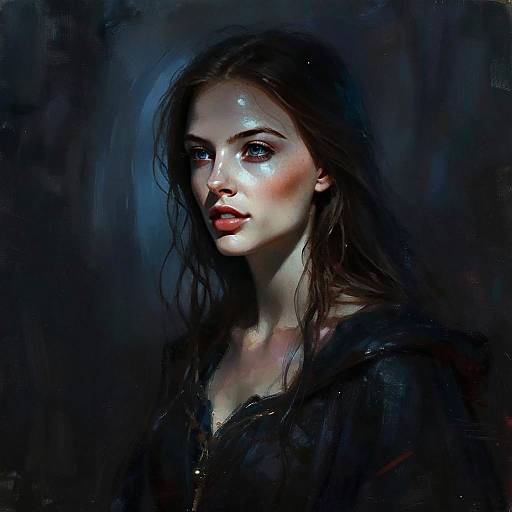 Realistic Digital Portrait of Young Woman in Dark Painterly Style
