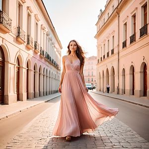 Elegant Woman in Blush Pink Evening Gown Walking on European Street