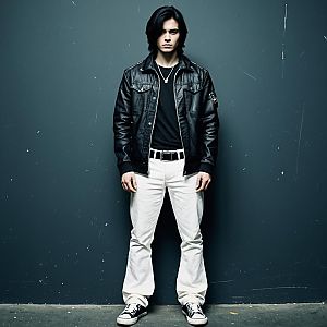 Man in Black Leather Jacket Against Gray Wall