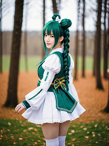 Morinaka Kazaki Cosplay in Forest Setting with Braided Green Hair