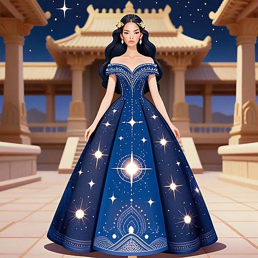 Elegant Woman in Blue Celestial Gown with Traditional Architecture Background