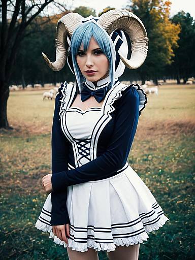 Sexy Woman in Ram Character Cosplay Costume Outdoor Realistic Photo