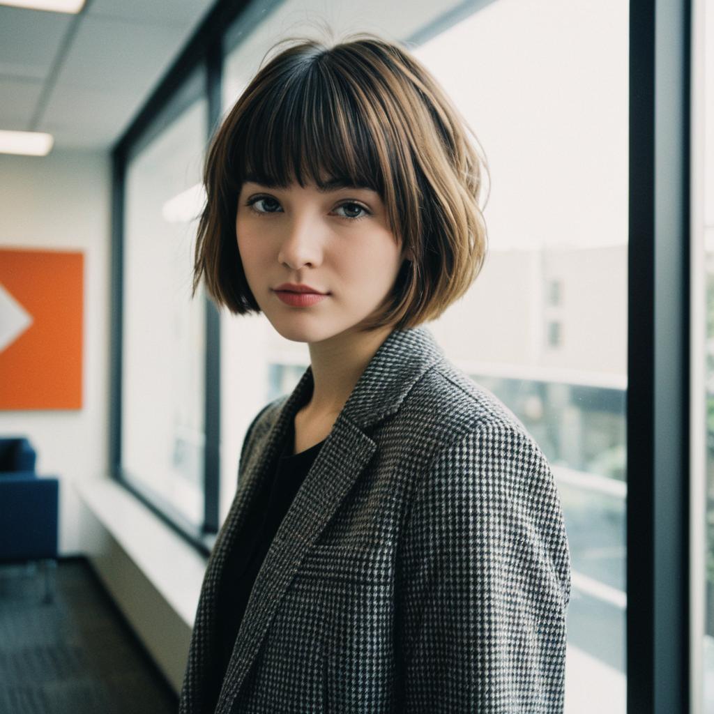 Young Woman in Houndstooth Blazer Standing in Modern Office