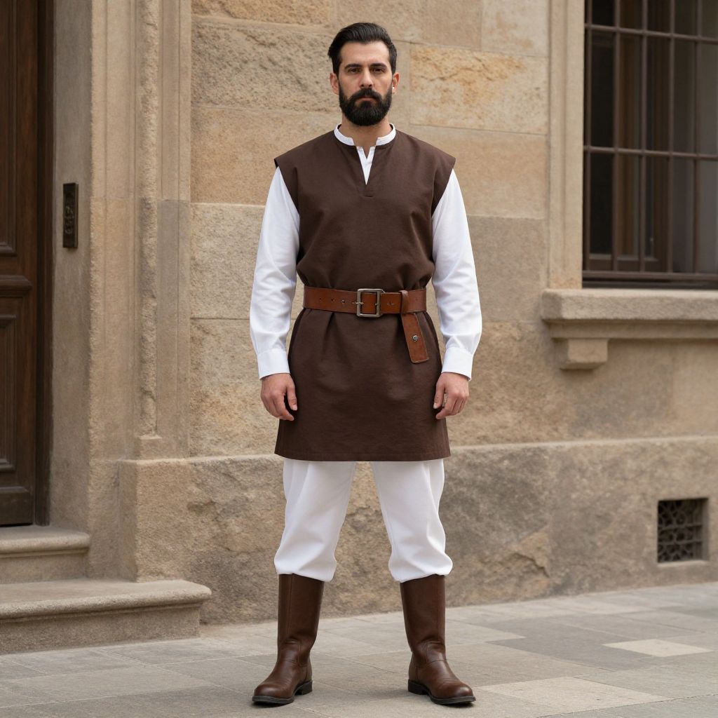 Man in Medieval Style Tunic and Boots Standing Outdoors