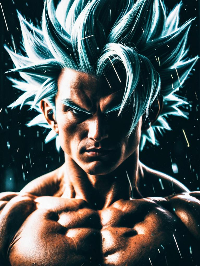 Super Saiyan Man with Glowing Blue Hair in Intense Anime Style