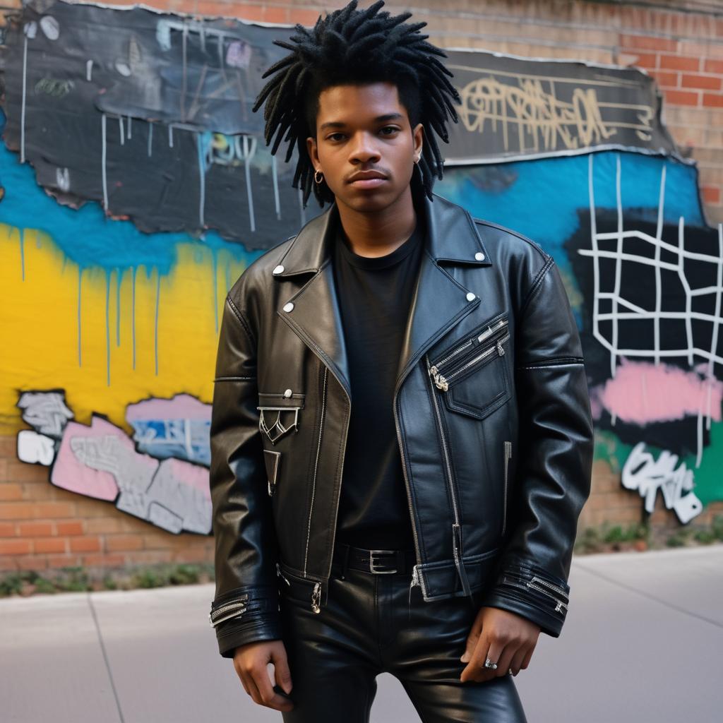 Young Man in Black Leather Jacket Against Graffiti