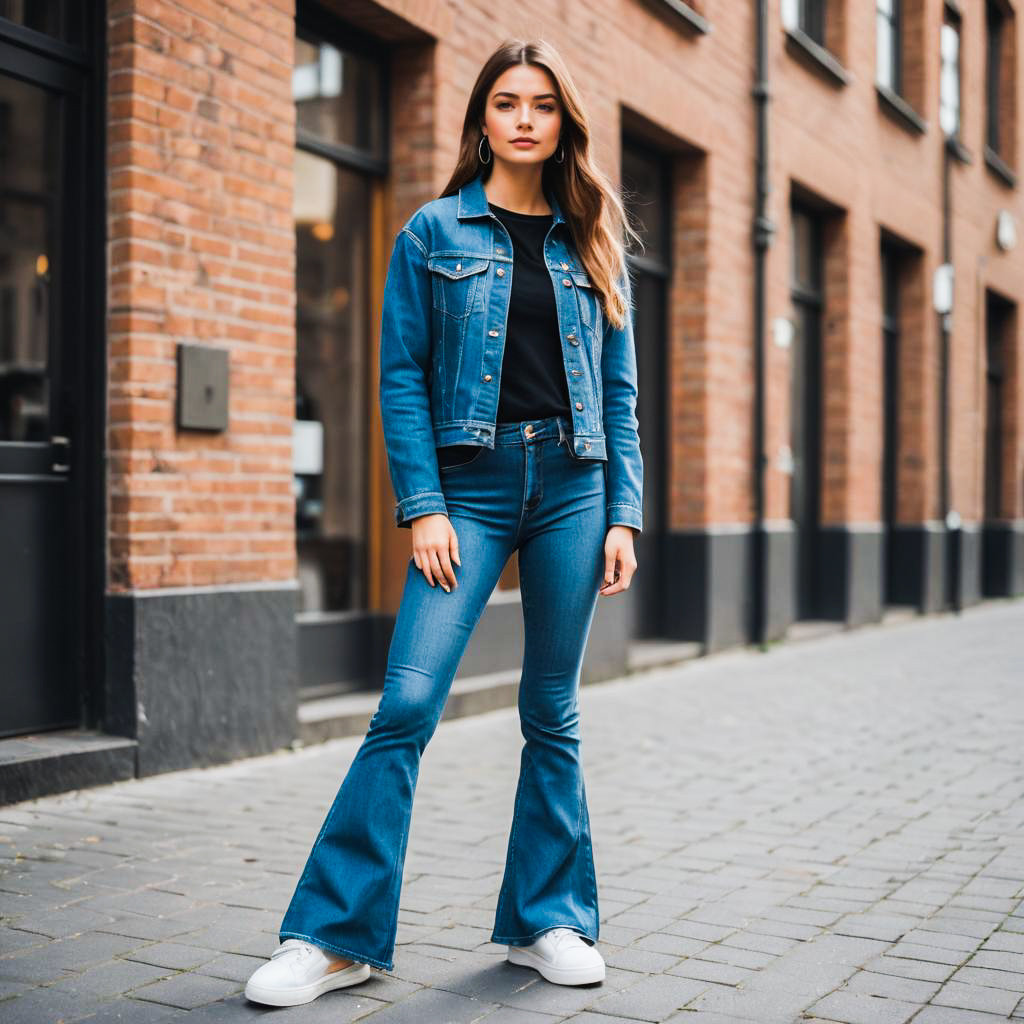 Stylish Woman in Denim on Cobblestone Street