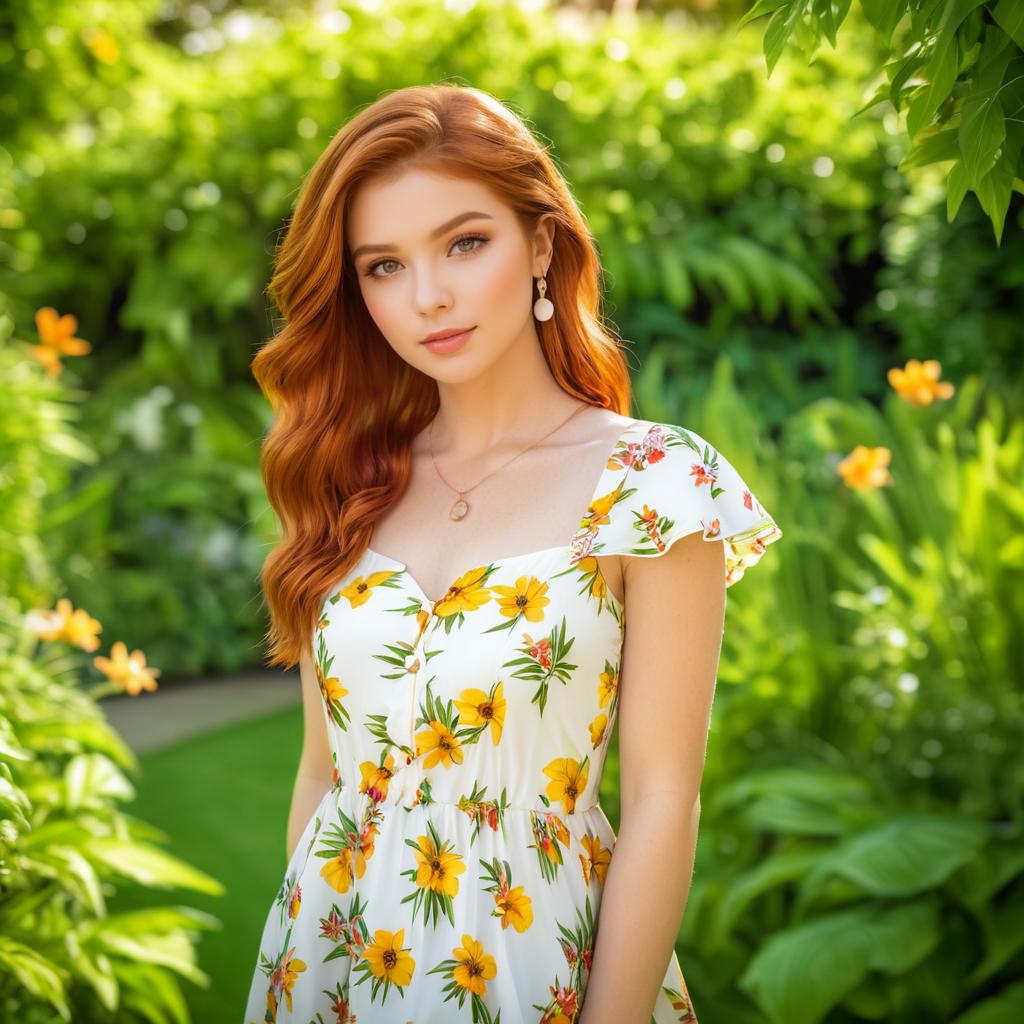 Beautiful woman in floral dress among greenery