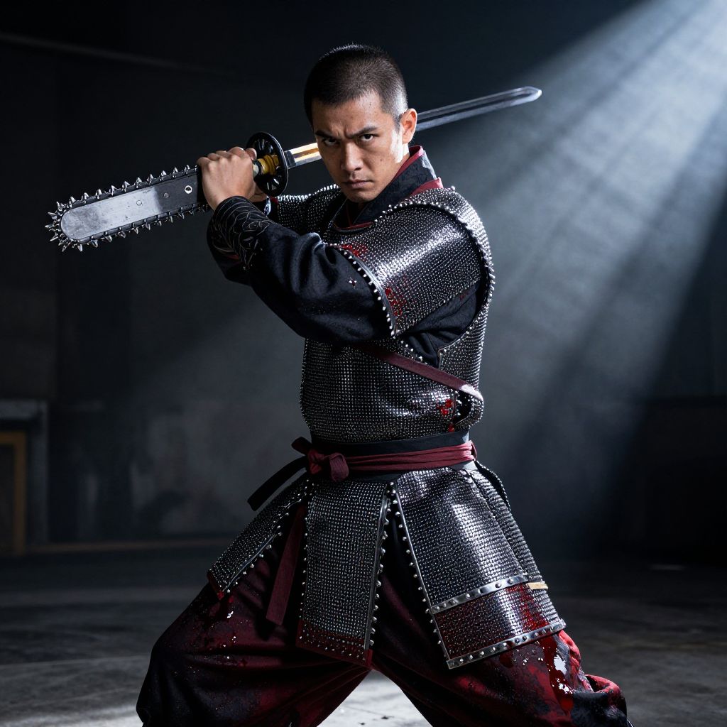 Samurai Man in Traditional Armor Holding Chainsaw Katana Weapon