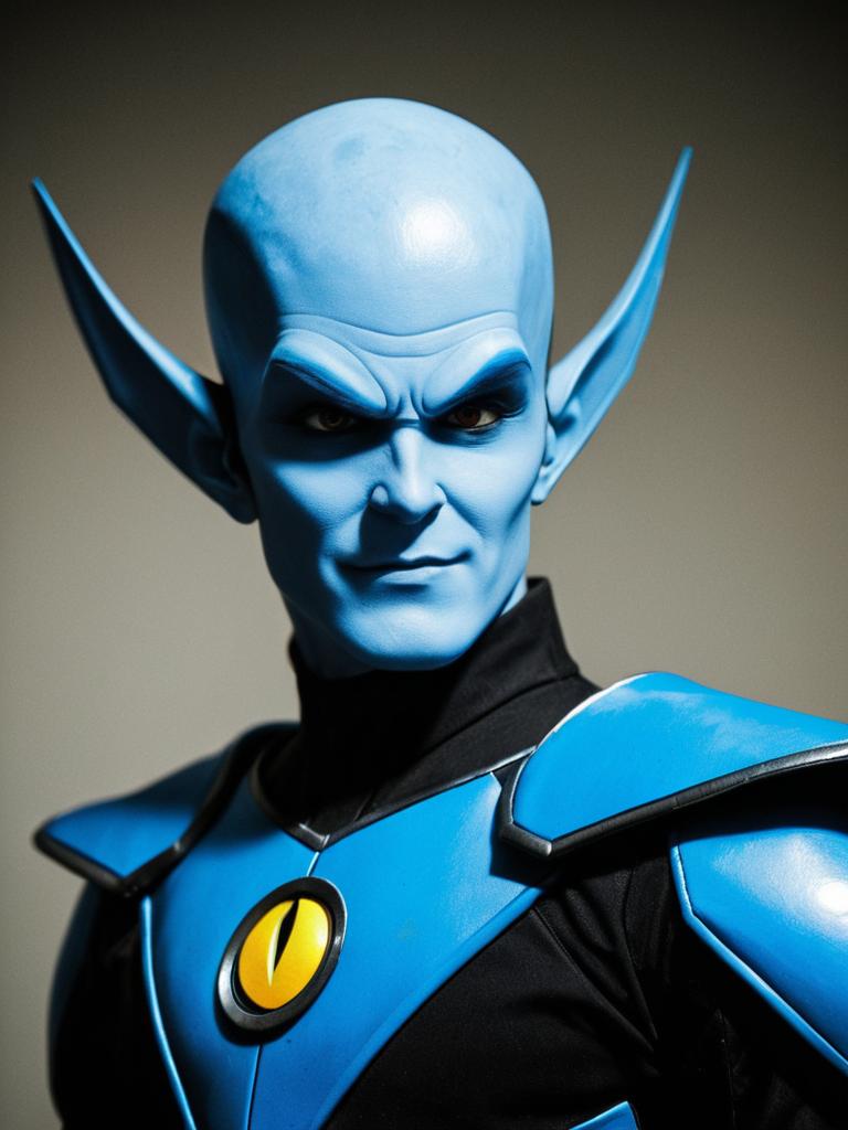 Photorealistic Megamind Villain Cosplay Portrait of Man in Detailed Costume