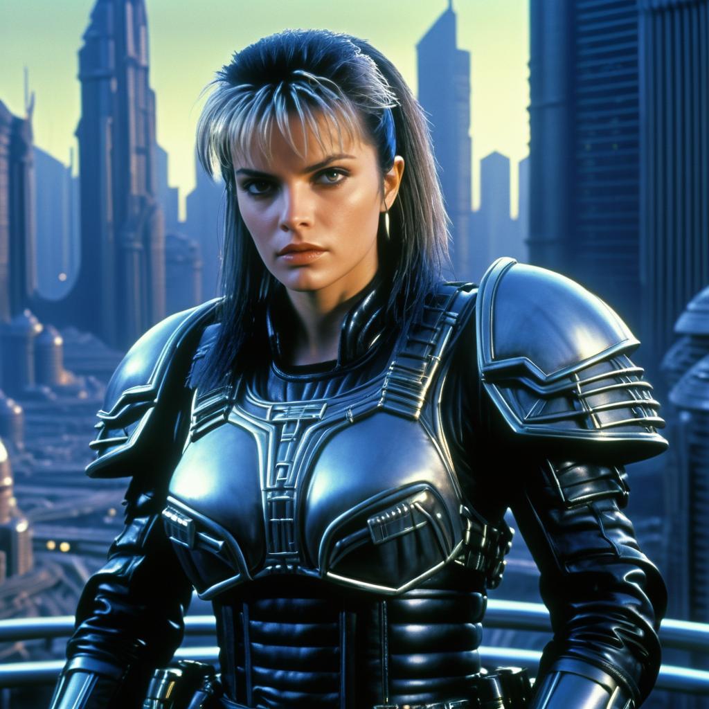 Futuristic Woman in Cyberpunk Armor with Sci-Fi Cityscape