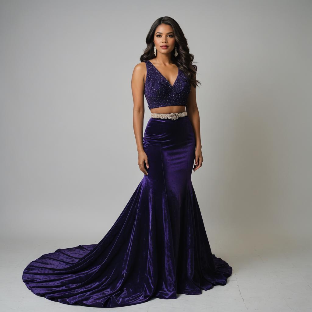 Elegant Royal Purple Velvet Evening Gown with Beaded Crop Top and Train