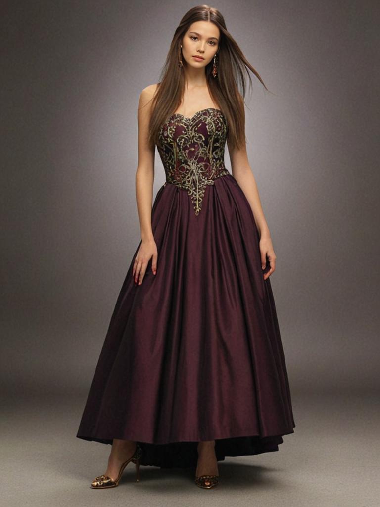 Elegant Woman in Burgundy Gown with Gold Embroidery