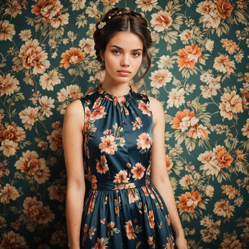 Elegant Woman in Floral Dress Against Vintage Wallpaper