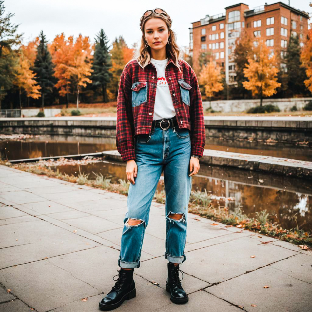 Stylish Young Woman in Autumn Fashion by Waterway