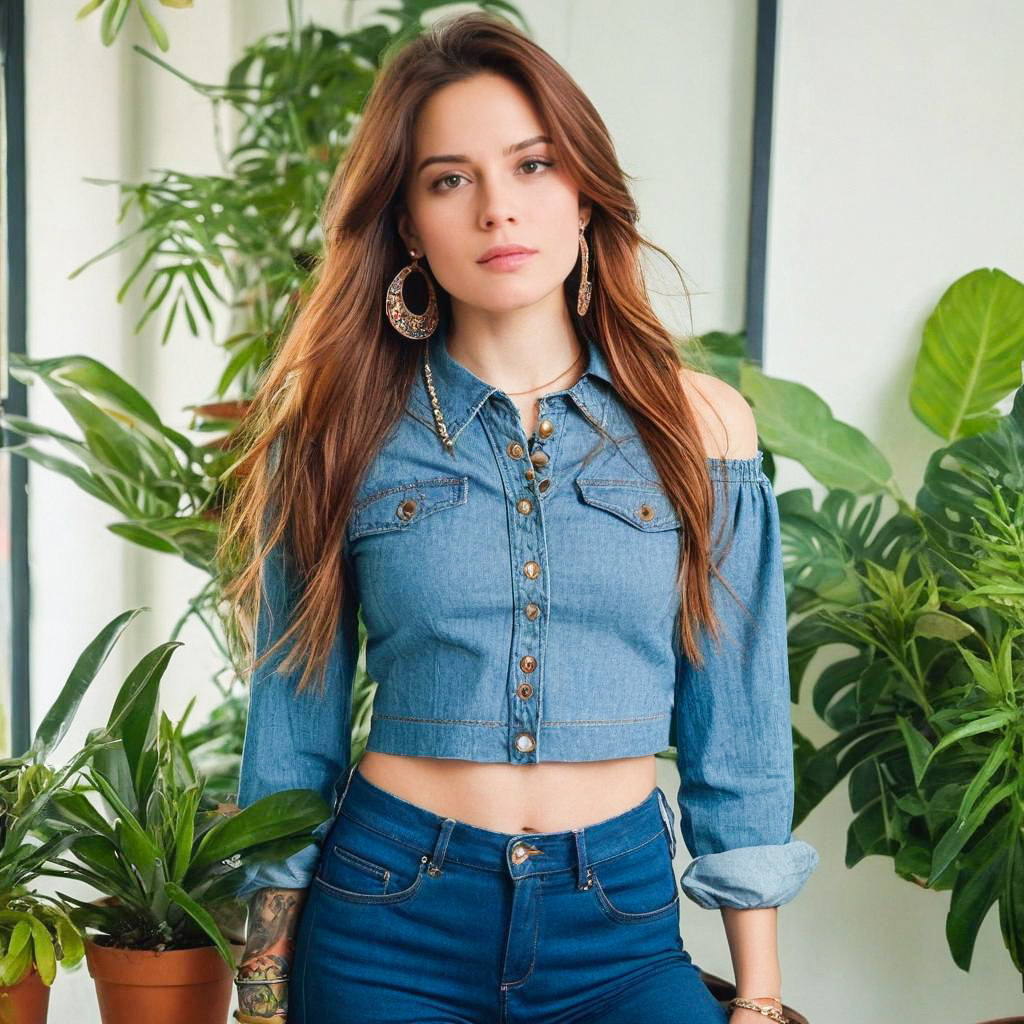 Confident Young Woman in Denim Crop Top Surrounded by Green Plants Confident Young Woman in Denim Crop Top Surrounded by Green Plants