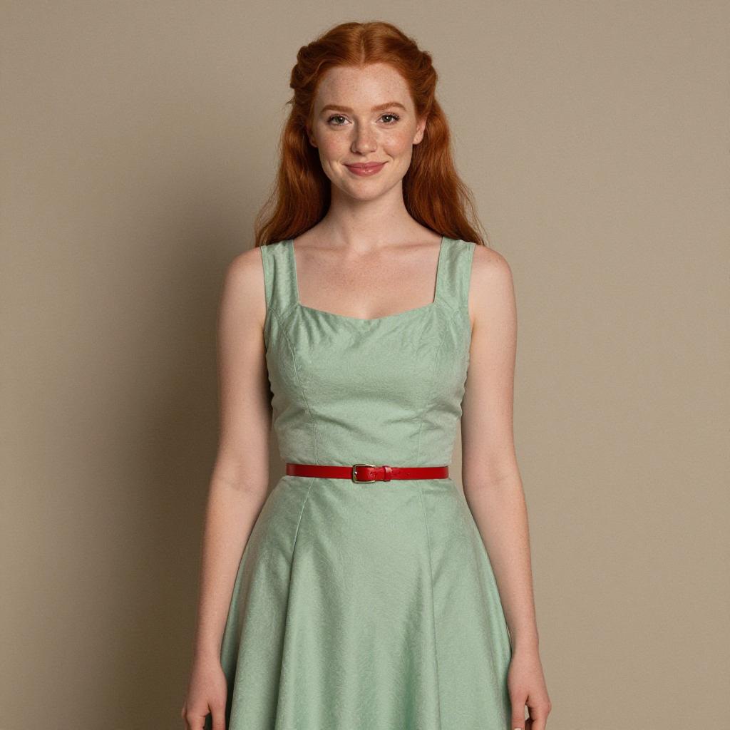 Red-Haired Woman in Mint Green Dress with Red Belt Studio Portrait