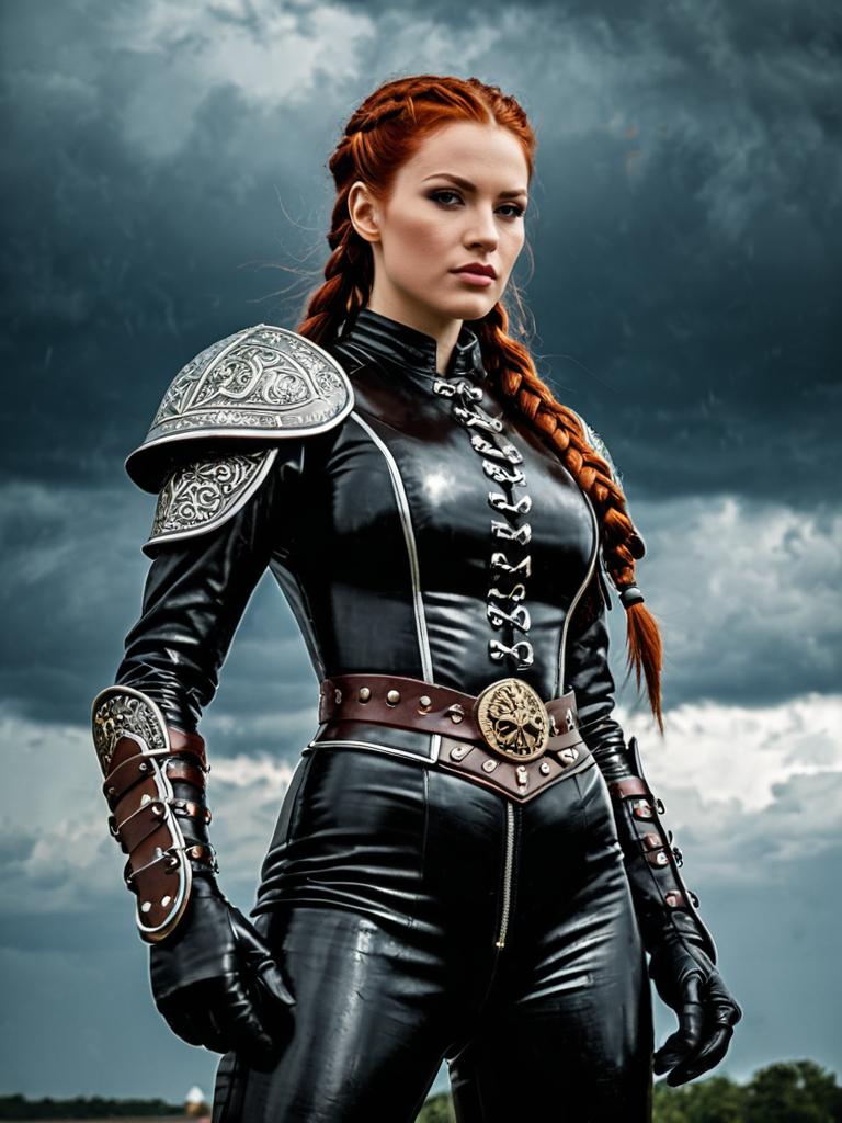 Red-Haired Woman Warrior in Black Leather Armor with Ornate Silver Details