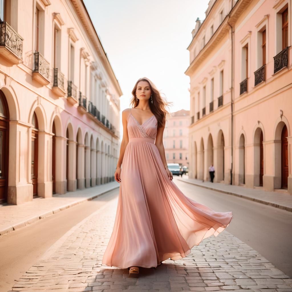Elegant Woman in Blush Pink Evening Gown Walking on European Street