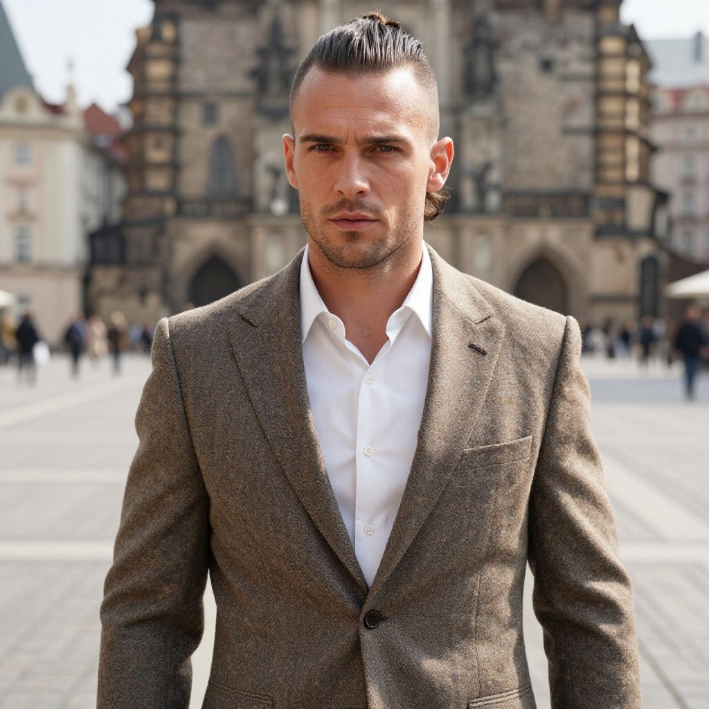 Portrait of Stylish Man in Brown Tweed Blazer in Historic Urban Setting