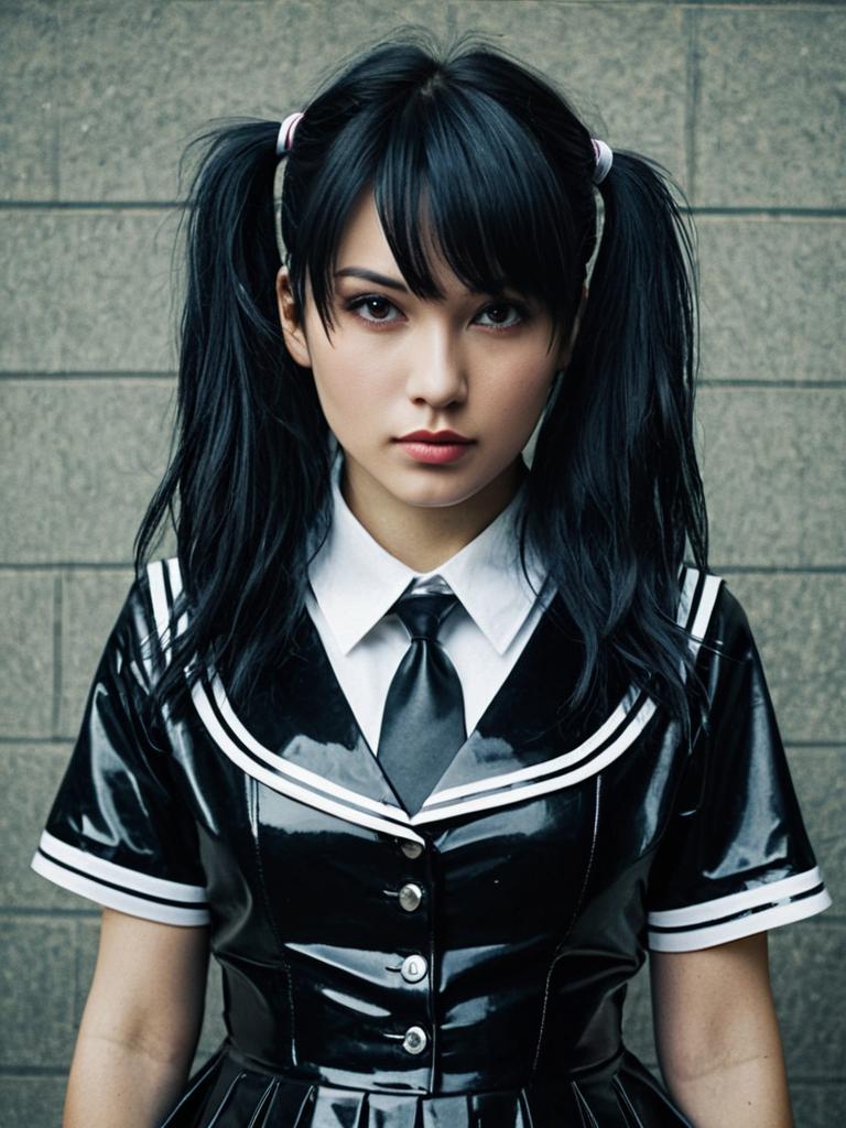 Woman in Latex Schoolgirl Costume Photorealistic Edgy Cosplay Portrait