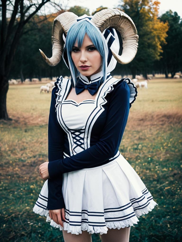 Sexy Woman in Ram Character Cosplay Costume Outdoor Realistic Photo