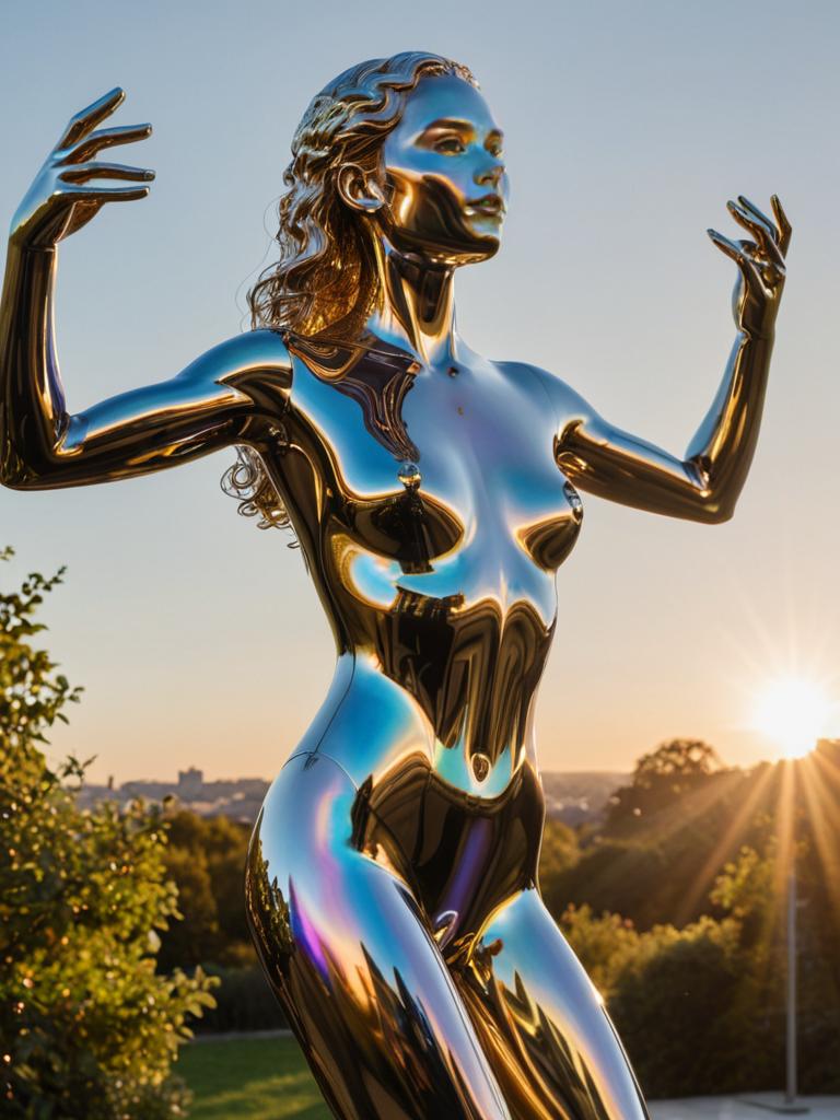 Female Figure with Geometric Metal Sculpture and Iridescent Crystal Finish