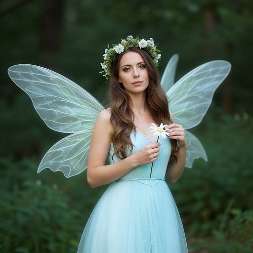 Fairy Woman in Light Blue Dress with Wings and Floral Crown in Forest