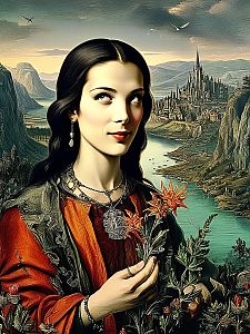 Medieval Woman with Orange Flowers in Fantasy Landscape