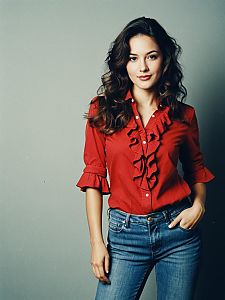 Confident Woman in Red Ruffled Blouse and Blue Jeans Casual Portrait