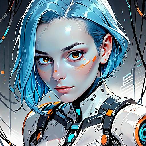Futuristic Woman with Blue Hair in Cybernetic Armor Digital Art