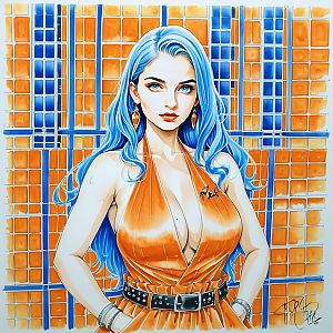 Woman with Blue Hair in Orange Dress