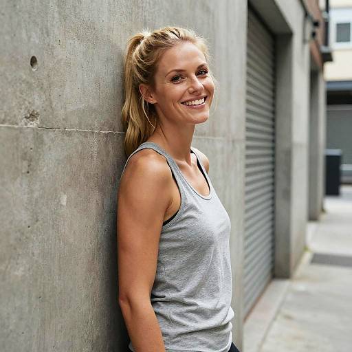 Casual Smiling Woman Leaning Against Concrete Wall in Urban Alley