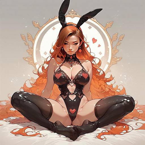 Anime Style Woman in Black Latex Bunny Costume with Red Hair Digital Art