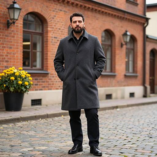 Man in Dark Gray Overcoat Standing on Cobblestone Street by Brick Building