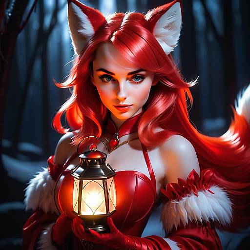 Fantasy Woman with Fox Ears Holding Lantern in Mystical Forest
