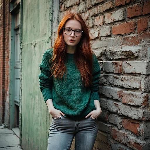 Young Woman with Red Hair in Green Sweater Leaning on Brick Wall