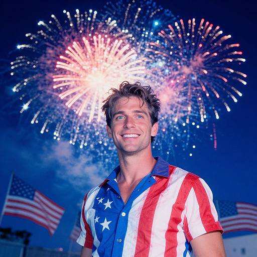 Smiling Man in American Flag Shirt Celebrating with Fireworks